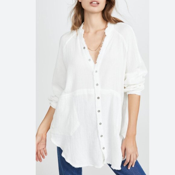 Free People Summer Daydream Button Down Tunic Shirt White (small) boho oversized - Picture 1 of 10